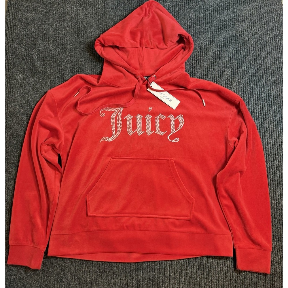NWT Juicy Couture Red Cropped Pullover Hoodie Rhinestone Logo Y2K Loungewear L